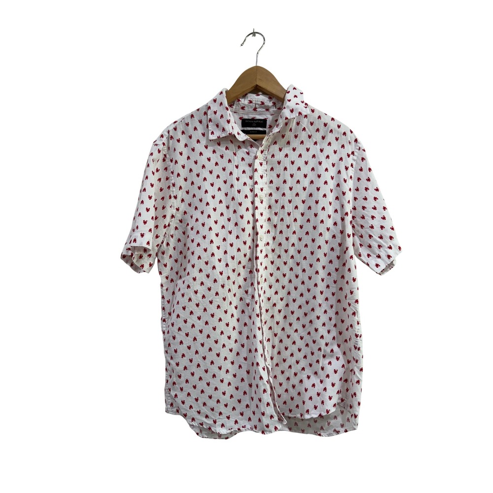 Banana Republic Mens Slim Fit Linen Cotton Lobster Print Shirt White Red Large